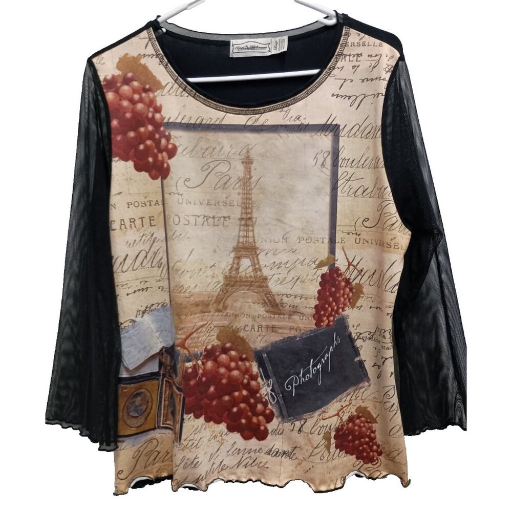 Vine Street Womens Top Large Multi Graphic Eiffel Tower‎ 3/4 Mesh Sleeve Novelty